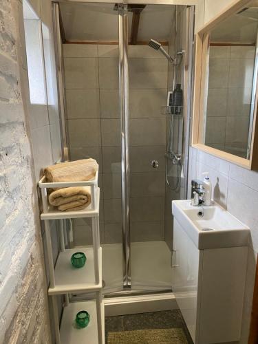 a bathroom with a shower and a sink at Cute mini-studio in Blythburgh in Blythburgh