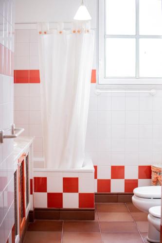 a bathroom with a white shower curtain and a toilet at casa Jone olival in Tomar
