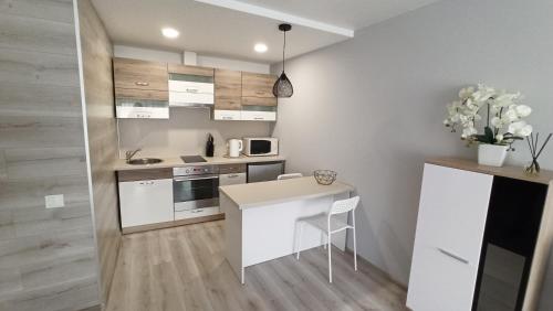 a kitchen with a white counter and a table at Monica Apartments in Panevėžys
