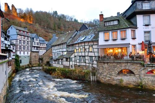 a river flowing through a town with houses at Le basecamp des sommets in Stavelot