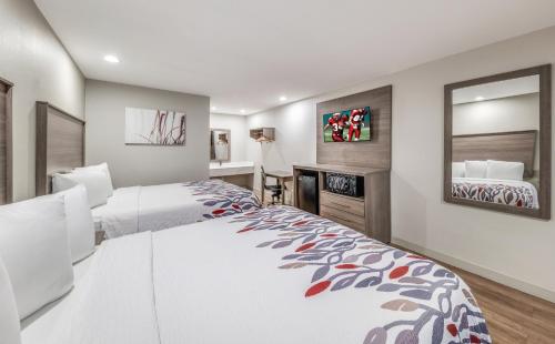 a bedroom with a large bed and a mirror at Red Roof Inn Lewisville in Lewisville