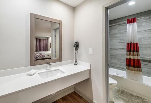 a bathroom with a sink and a toilet at Red Roof Inn Lewisville in Lewisville
