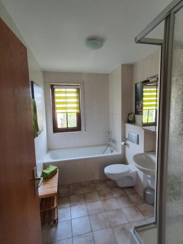 a bathroom with a tub and a toilet and a sink at Ferienwohnung Waldzauber in Bärenstein