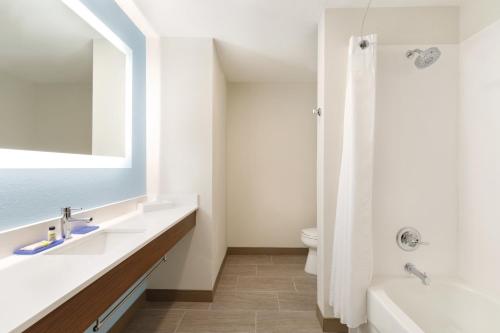 a bathroom with a sink and a tub and a toilet at Holiday Inn Express Hotel & Suites Lavonia by IHG in Lavonia