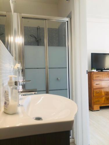 a bathroom with a sink and a shower at Casa Matì in Altedo
