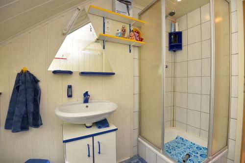 a small bathroom with a sink and a shower at FEWO in Bergbahnnähe in Mellenbach-Glasbach