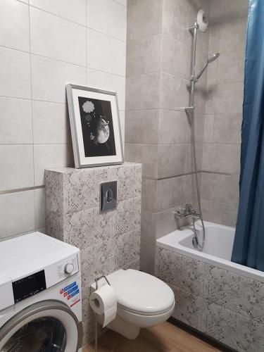a bathroom with a toilet and a washing machine at Sun Apartment Katowice Chorzów in Katowice