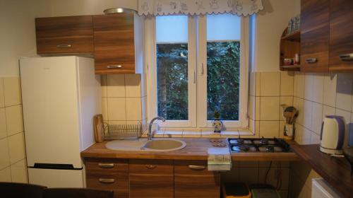 a kitchen with a sink and a window at Leśny Domek in Męcikał