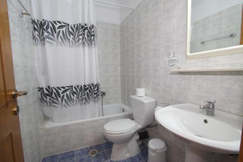 a bathroom with a toilet and a sink and a shower curtain at Badis Haus in Toroni