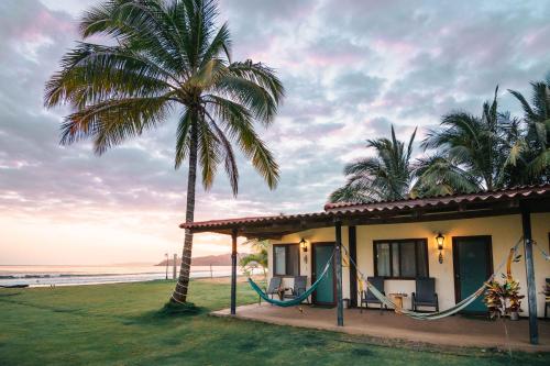 a house on the beach with a hammock and a palm tree at Beach Break Hotel & Surf Camp de Playa Venao in Playa Venao