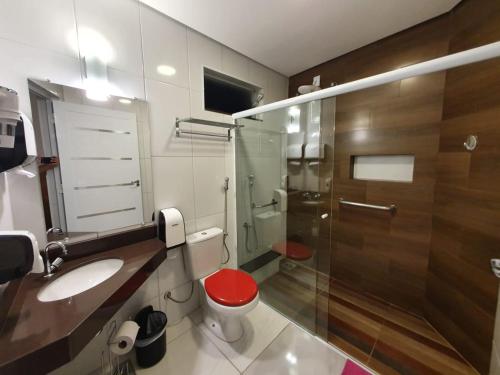 een badkamer met een toilet, een wastafel en een douche bij Pousada Santa Catarina in Cachoeira Paulista