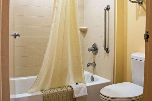 a bathroom with a shower curtain and a toilet at Rodeway Inn & Suites in Clarksville