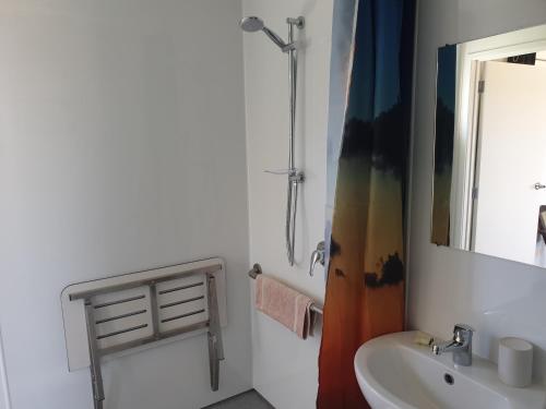 a bathroom with a shower and a sink and a mirror at Wild Days Accommodation in Palm Beach