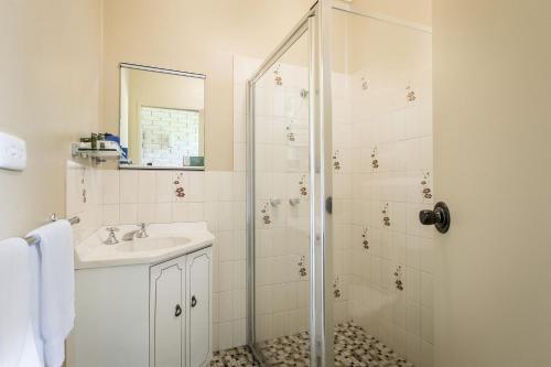 y baño con ducha y lavamanos. en Allamar Motel en Mount Beauty