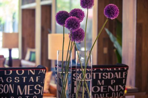 two vases with purple flowers in them on a table at Kimpton Hotel Palomar Phoenix Cityscape by IHG in Phoenix