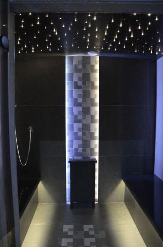 a room with a shower with stars on the ceiling at Hotel Roztocze in Zwierzyniec