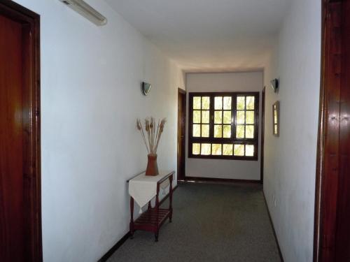 a hallway with a vase on a table and a window at Las Araucarias in Pinamar