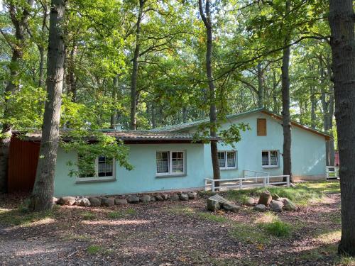 Ein weißes Haus mitten im Wald in der Unterkunft Ferienpark-Eichenwald in Dranske