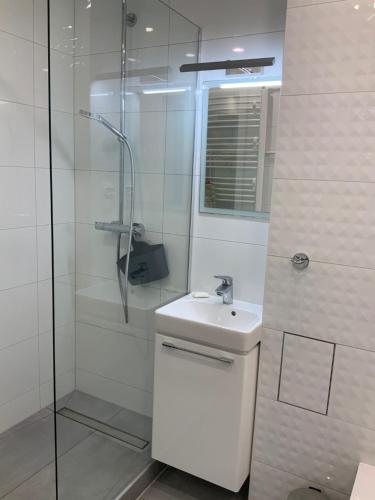 a white bathroom with a sink and a shower at White Apartment in Iwonicz-Zdrój