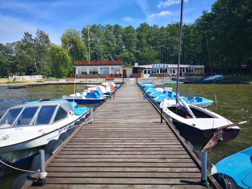 Centrum Trzy Jeziora Wieleń في فيلين زابرازانسكي: رصيف به قوارب مرساة في الماء