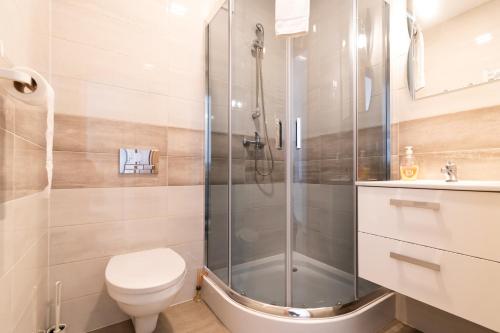 a bathroom with a shower and a toilet and a sink at Willa Wena in Ustka