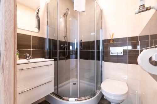 a bathroom with a shower and a toilet and a sink at Willa Wena in Ustka