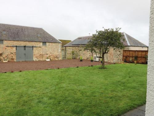 a green yard with a tree in front of a building at Todlaw Farm House in Jedburgh
