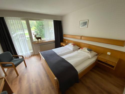 a bedroom with a bed and a chair and a window at Hotel Lodge Inn in Fiesch