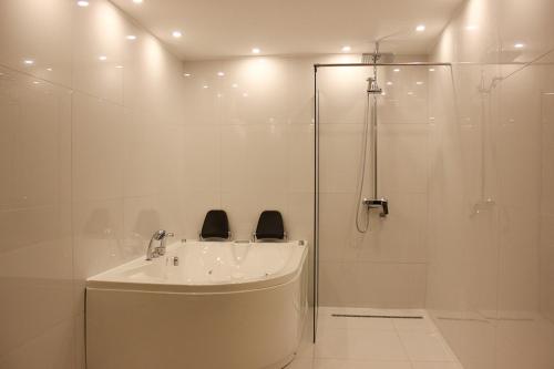 La salle de bains blanche est pourvue d'une douche et d'un lavabo. dans l'établissement Luxury apartments Free Parking, à Niš