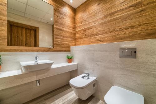 a bathroom with a sink and a toilet and a mirror at Hotel BERLINER in Świeradów-Zdrój