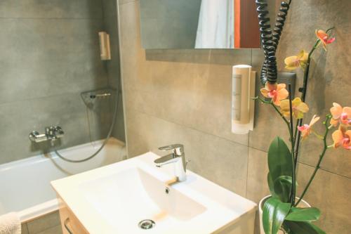 La salle de bains est pourvue d'un lavabo et d'un miroir. dans l'établissement Hotel Les Arcades, à Genève