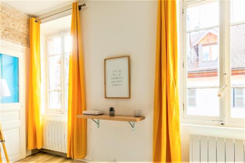 アヌシーにあるL'Escale du Château à 500m du LAC rue Carnotのオレンジ色のカーテンと棚が備わるお部屋