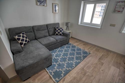a living room with a gray couch and a blue rug at Camoes StudioGeral in Bragança