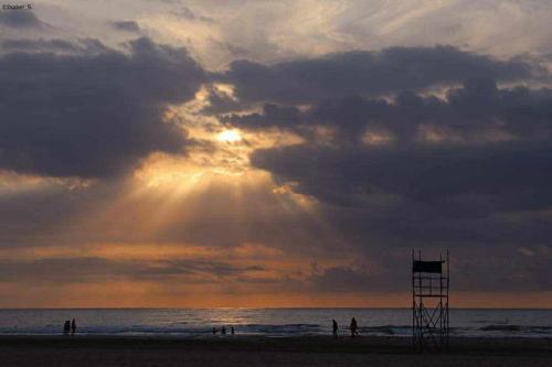 プエルト・デ・サグントにあるMediterrania Pinazoの太陽の光が差し込む浜辺に立つ人々