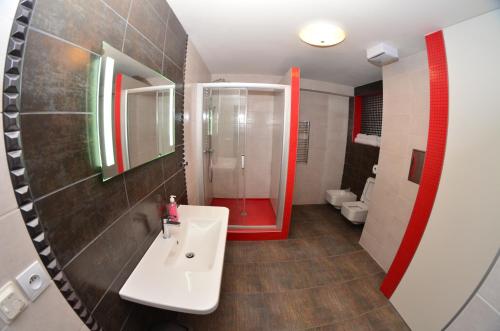 a bathroom with a sink and a shower and a mirror at Panorama Donovaly 22-C in Donovaly