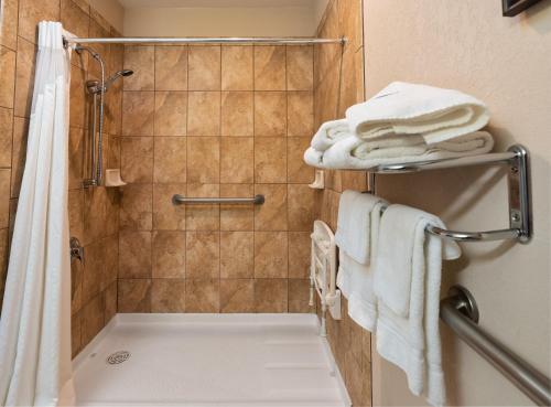 a bathroom with a shower with towels on a shelf at Country Inn & Suites by Radisson, South Haven, MI in South Haven