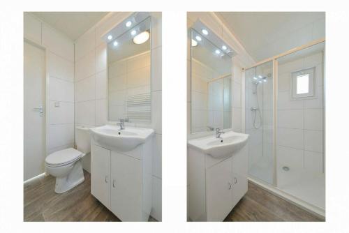 dwa obrazy łazienki z umywalką i toaletą w obiekcie Chalet 4- Holidaypark Hart van Zeeland Heinkenszand w mieście Heinkensand