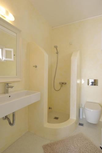 a bathroom with a shower with a sink and a toilet at Villa Irini in Naousa