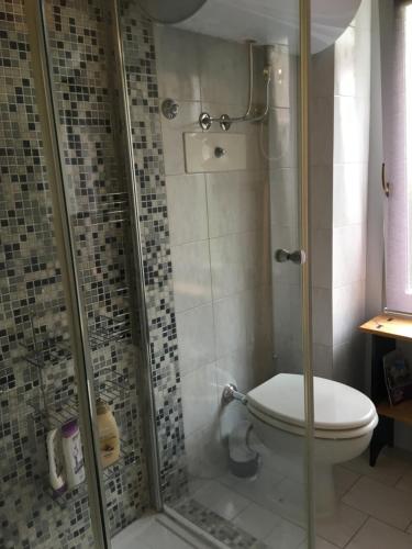 a bathroom with a toilet and a glass shower at Cosy Place in Perledo