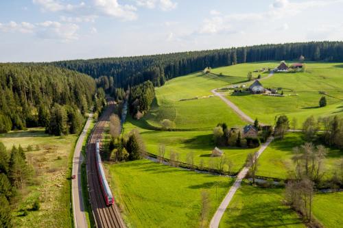 a train traveling through a green field with trees at Holiday Inn - Villingen - Schwenningen by IHG in Villingen-Schwenningen