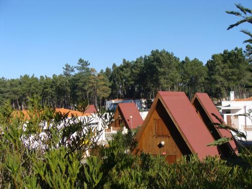 un grupo de casas con árboles en el fondo en parque de campismo de Luso en Luso