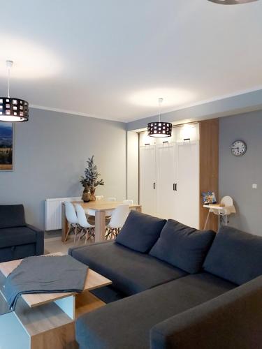 a living room with a couch and a table at Apartament Wiktoria Świeradów Zdrój in Świeradów-Zdrój