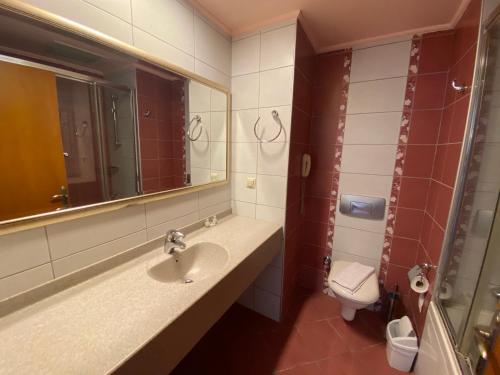 ein Badezimmer mit einem Waschbecken, einem WC und einem Spiegel in der Unterkunft Club Karakas Apart Otel in Marmaris