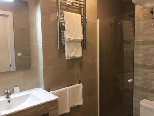 a bathroom with a shower and a sink and a mirror at Rooms H Skyline in Alcorcón