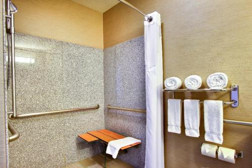 a bathroom with a shower with a toilet and towels at Comfort Suites Boise West Meridian in Meridian
