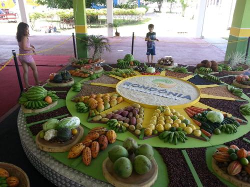 a table filled with lots of fruits and vegetables at Hotel Chalé Ji-Parana in Ji-Paraná