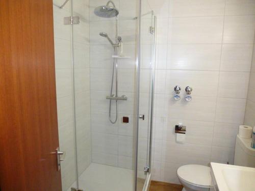a bathroom with a glass shower with a toilet at Sehnsucht-Allgaeu in Oberstaufen