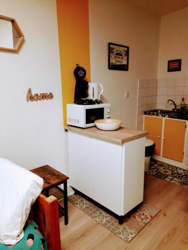 a kitchen with a microwave on top of a counter at STUDIOS MAGUI in Ax-les-Thermes