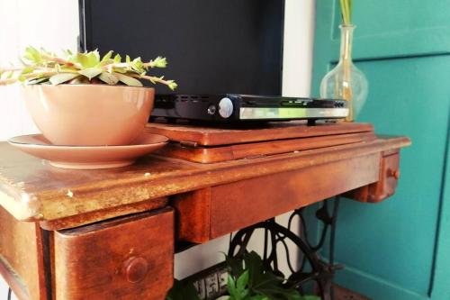 a television on a table with a bowl and a plant at Casa di Anita in Bedonia