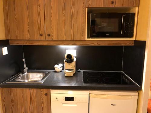 a kitchen counter with a sink and a microwave at Studio 941-Particulier-Résidence L'Ours Blanc-Alpe d'Huez-Centre Station in L'Alpe-d'Huez